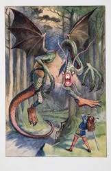 O Jabberwock, de olhos flamejantes, veio a soprar pela floresta de Tulgey, «As Aventuras de Alice no País das Maravilhas e Através do Espelho e o que Alice Encontrou Lá», de Lewis Carroll (1832 - 98), publicado